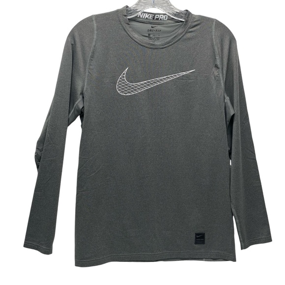 Nike Pro Dri-Fit Boys XL Training Tee Shirt Gray White Swoosh Long Sleeve Active - Picture 1 of 12